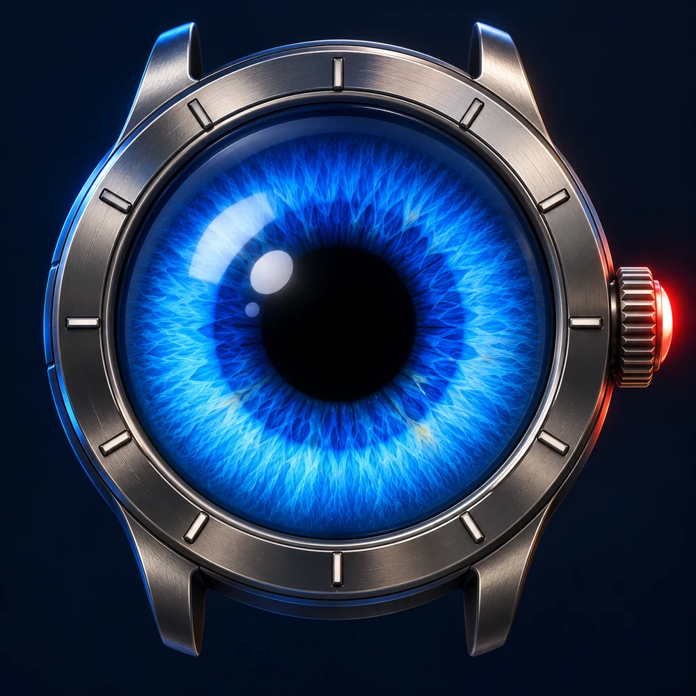 a steel watch case seen straight on, with one enormous glossy eye instead of a dial and a red light on the crown