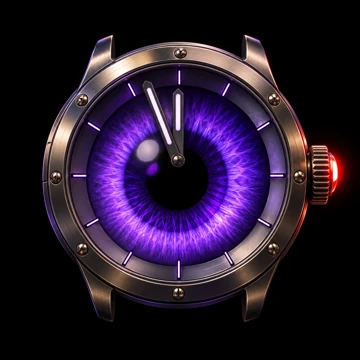 a steel watch case with a purple eye for a dial and the hands at five to twelve