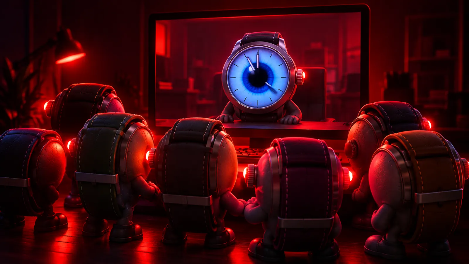 seven watches seen from behind, crowded in a red-lit room, all staring at one screen showing a blue-eyed watch with its hands at five to twelve